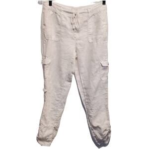 CHICO'S White Pants Cropped Capri Cargo 100% Linen Pants Size 0.5